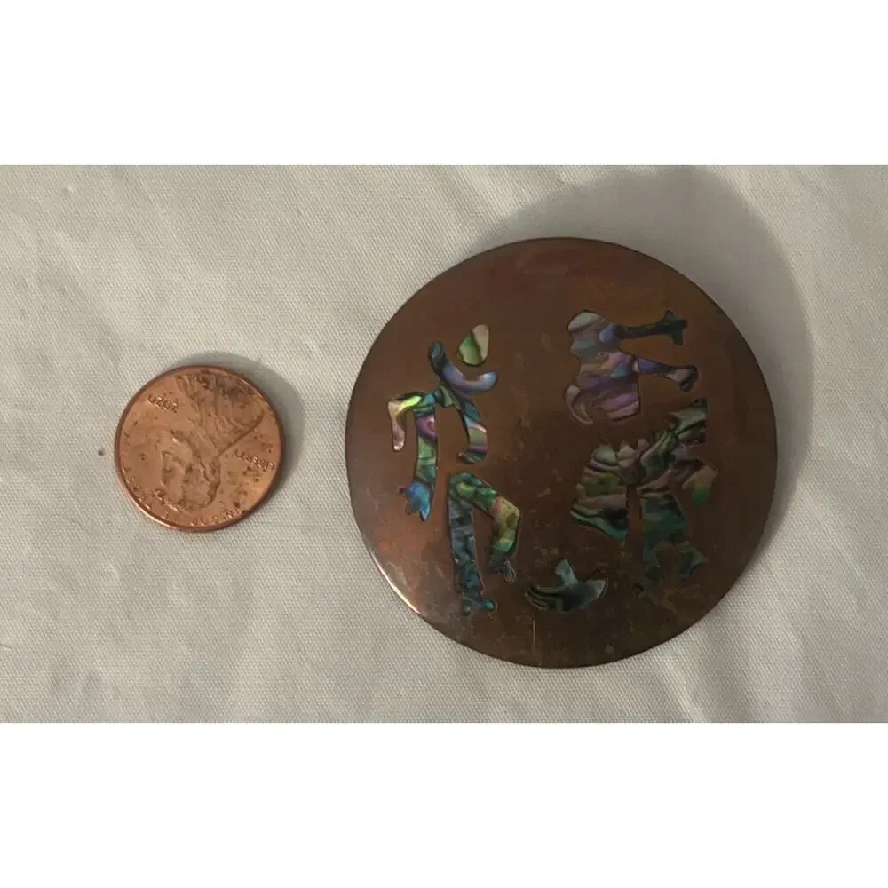 Vintage Copper Abalone Shell Inlay Dancer Brooch Pendant Southwestern